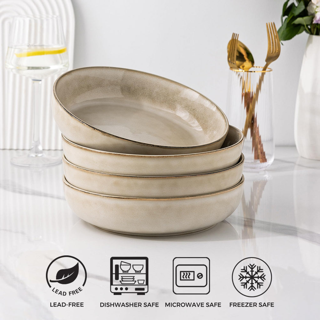 GBhome 8.75'' Large Ceramic Pasta Bowls, 38oz Stoneware Pasta Serving Bowls Set of 4 for Kitchen, Wide Bowls for Fruit,Pasta,Salad,Oatmeal,Meal, Microwave Safe, Reactive Glaze-Cappuccino