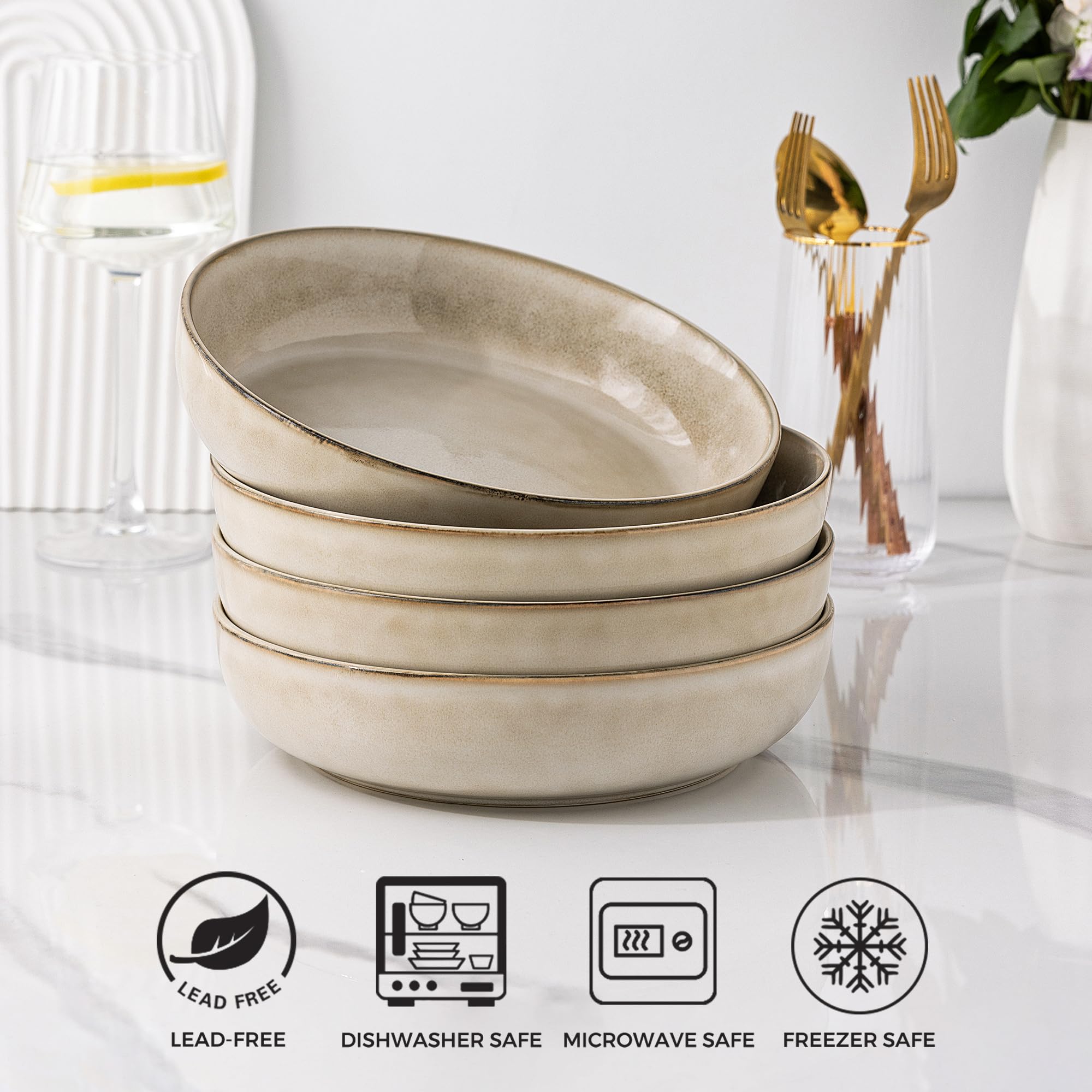 GBhome 8.75'' Large Ceramic Pasta Bowls, 38oz Stoneware Pasta Serving Bowls Set of 4 for Kitchen, Wide Bowls for Fruit,Pasta,Salad,Oatmeal,Meal, Microwave Safe, Reactive Glaze-Cappuccino