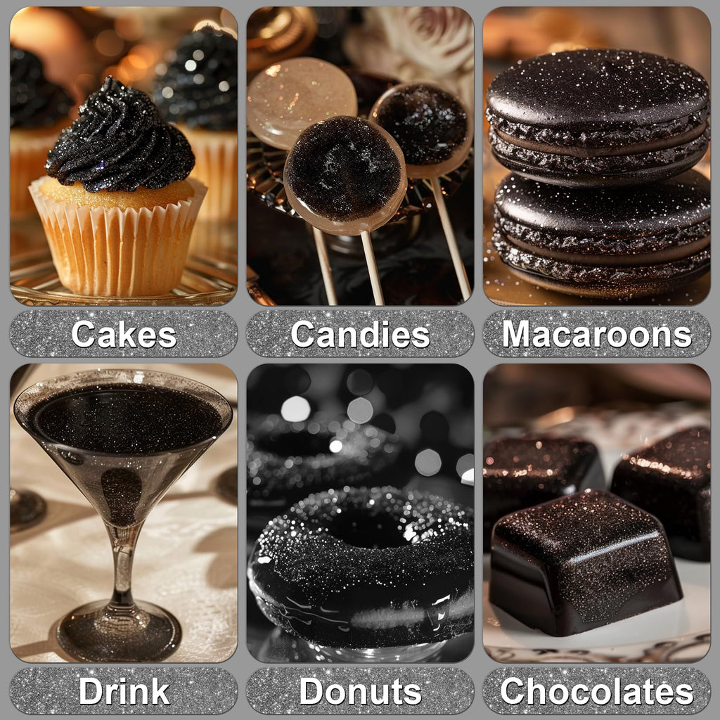 Black Edible Glitter - 5g Food Grade Cake Decorating Shimmering Glitter, Edible Sprinkle Luster Dust for Drinks, Chocolates, Fondant, Strawberries, Cupcakes, Candy, Easter Cookie - Vegan
