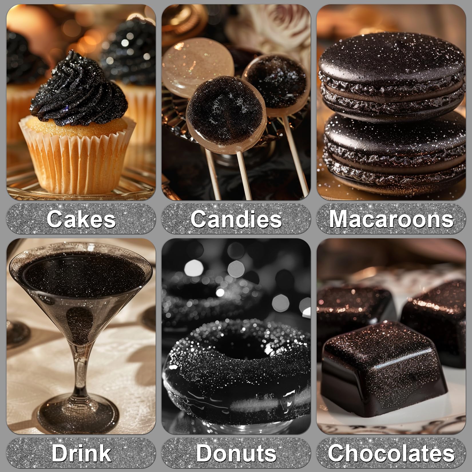Black Edible Glitter - 5g Food Grade Cake Decorating Shimmering Glitter, Edible Sprinkle Luster Dust for Drinks, Chocolates, Fondant, Strawberries, Cupcakes, Candy, Easter Cookie - Vegan