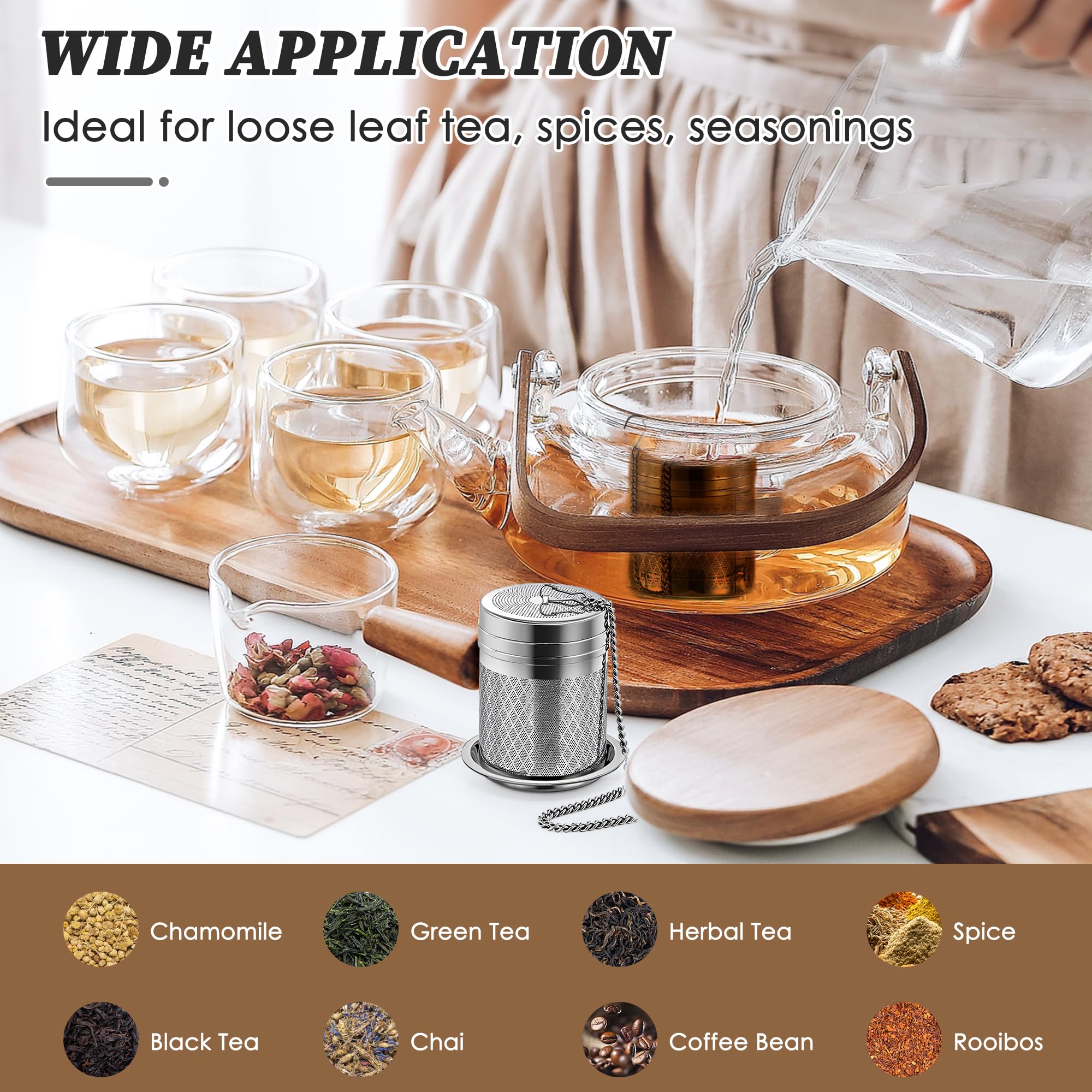 Yoassi Tea Infusers for Loose Tea, 2 Pack Extra Fine Mesh Tea Strainers, 18/8 Stainless Steel Loose Leaf Tea Steeper Tea Diffusers with Extended Chain Hook and Drip Tray