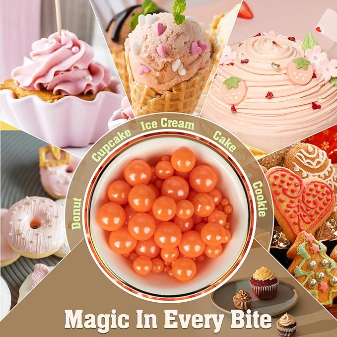 Twisweet Orange Pearl Sprinkles for Cake Decorating, Edible Sugar Pearls for Baking, Mix Size, Cake Topper Cupcake Cookie Ice Cream Dessert Decorations, Halloween Birthday Autumn Party Supplies (130g/4.58oz)