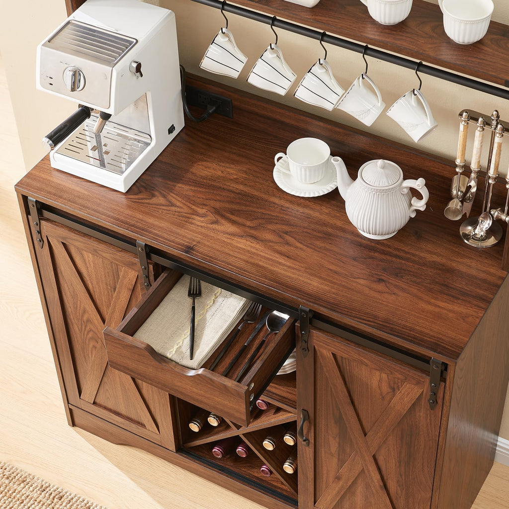 Wnutrees Farmhouse Coffee Bar Cabinet with Charging Station and USB, Brown