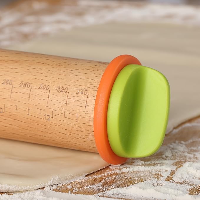 Bamboo Land- Adjustable Rolling Pin with Thickness Rings for Baking, 13.8", 4 Colorful Thickness Rings (2-10 mm or 1/16"-3/8"), Wood Rolling Pins for Baking, Bread, Pizza & Cookie Doughs