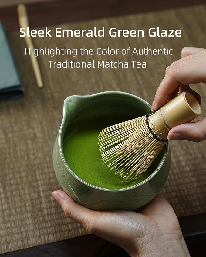 ZENS Matcha Whisk Set, 15oz Ceramic Matcha Bowl with Spout and Bamboo Whisk, (Chasen Holder) Scoop & Tea Towel, 5pcs Matcha Kit for Matcha Ceremony, Emerald Green