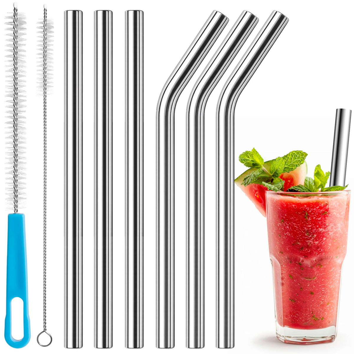 0.4" Extra Wide Stainless Steel Reusable Straws for Smoothie, Boba, 6 Pack