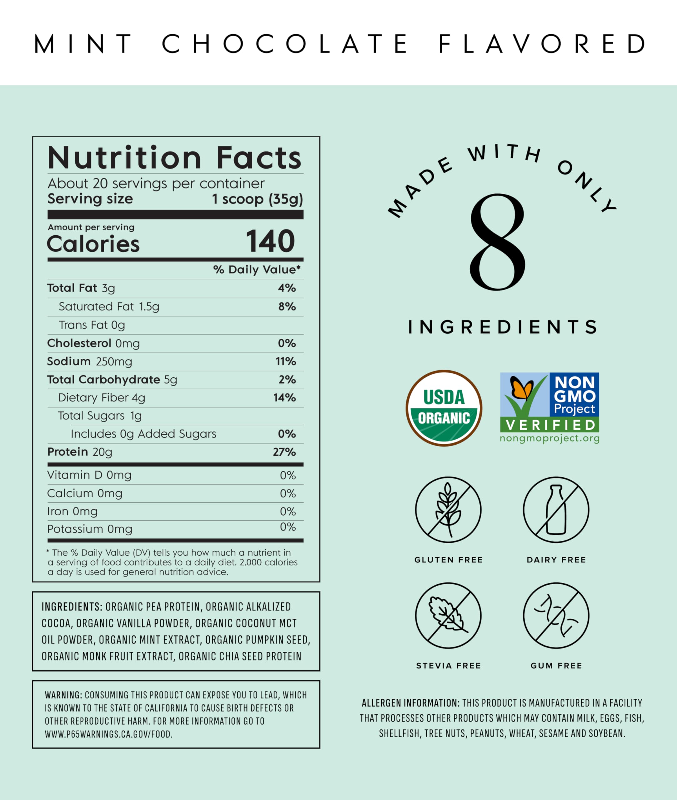 Truvani Organic Plant Based Protein Powder | Mint Chocolate | 20 Servings