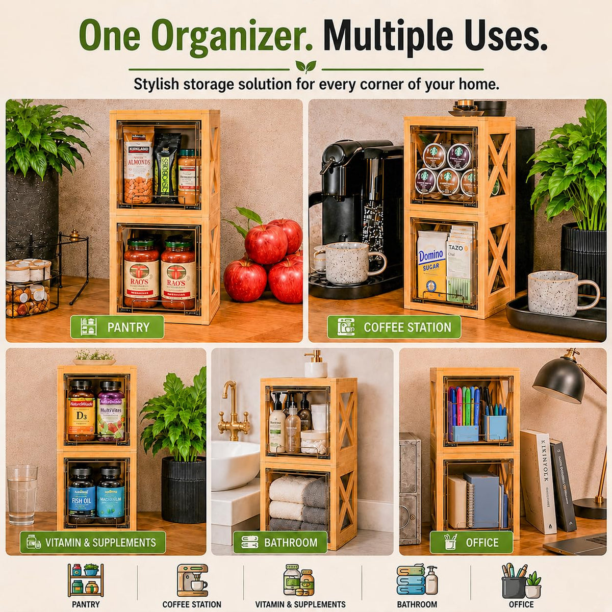 Bamboo Snack & Pantry Organizer, Stackable Pull-Out Drawers, 2 Pack