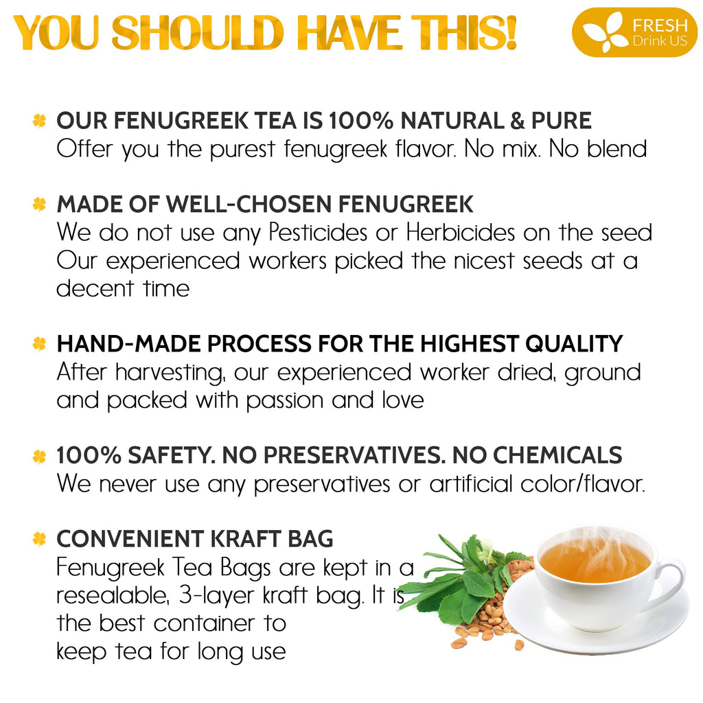 FreshDrinkUS, Premium 120 Fenugreek Tea Bags, 100% Natural & Pure from Fenugreek. Fenugreek Herbal Tea. Made with Natural Material Tea Bags. No Sugar, No Caffeine, No Gluten, Vegan.