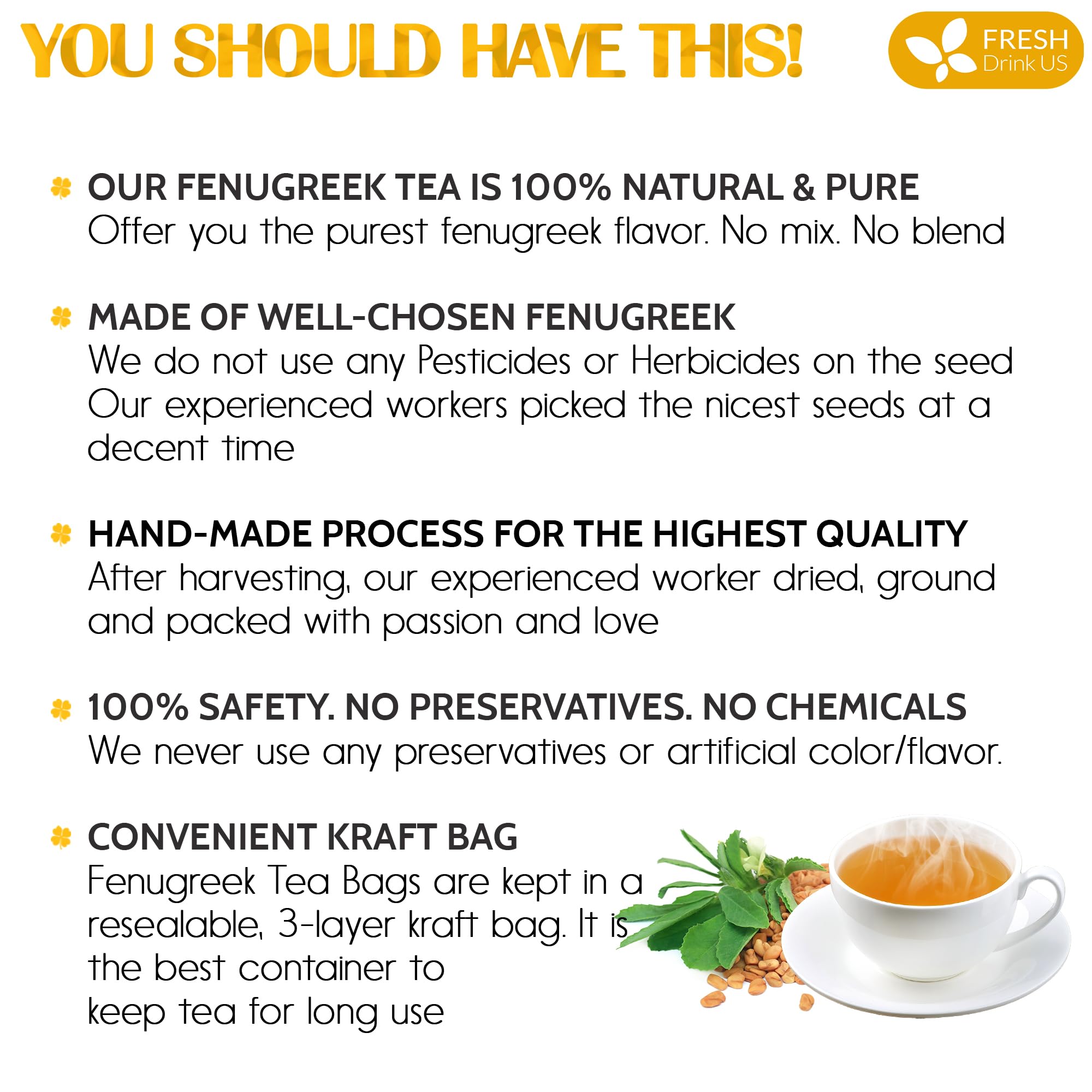 FreshDrinkUS, Premium 120 Fenugreek Tea Bags, 100% Natural & Pure from Fenugreek. Fenugreek Herbal Tea. Made with Natural Material Tea Bags. No Sugar, No Caffeine, No Gluten, Vegan.
