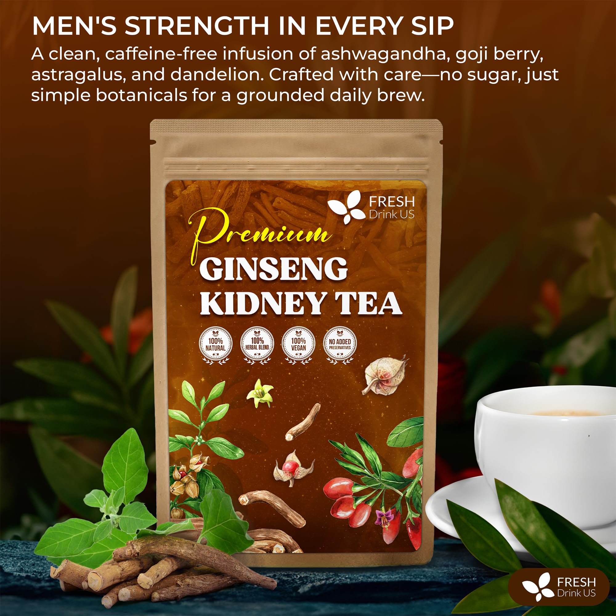 FreshDrinkUS, Ginseng Kidney Tea – 30 Packs of Herbal Detox & Vitality Support | 100% Natural Roots & Berries | Caffeine-Free | Adaptogenic Blend for Energy, Kidney Health, and Wellness