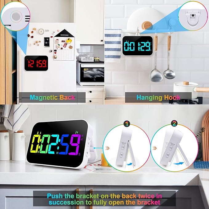 Kitchen Timer for Cooking, 10 RGB Color Rechargeable Digital Magnetic KidsTimer with Voice Reminder, Countdown/Up, 5”LED Display 3 Brightness 4 Volume Adjustable for Kids Classroom Home Gym-RGB
