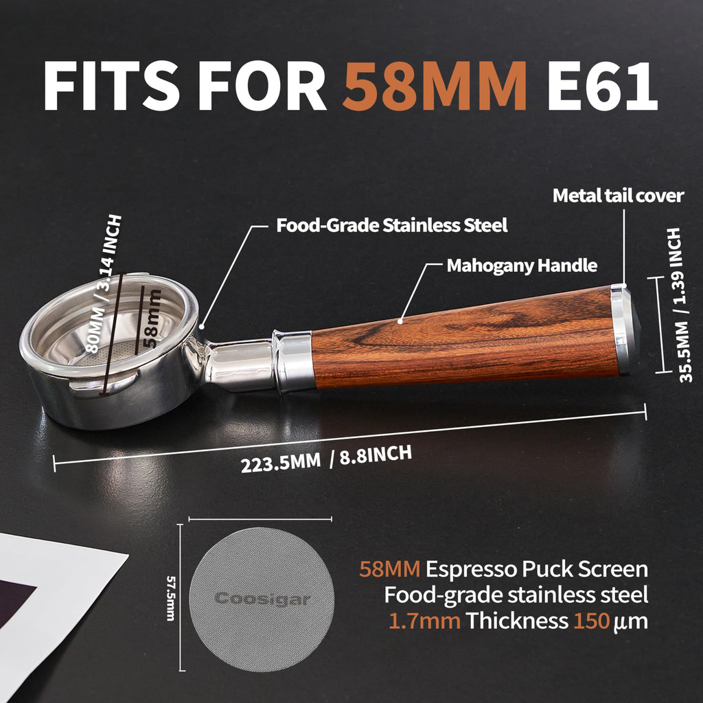 Coosigar 58mm Bottomless Portafilter | Fits for E61 Group Head 2 Ears machines| Stainless Steel portafilter and Mahogany Handle|Espresso Machine Accessories(Mahogany)