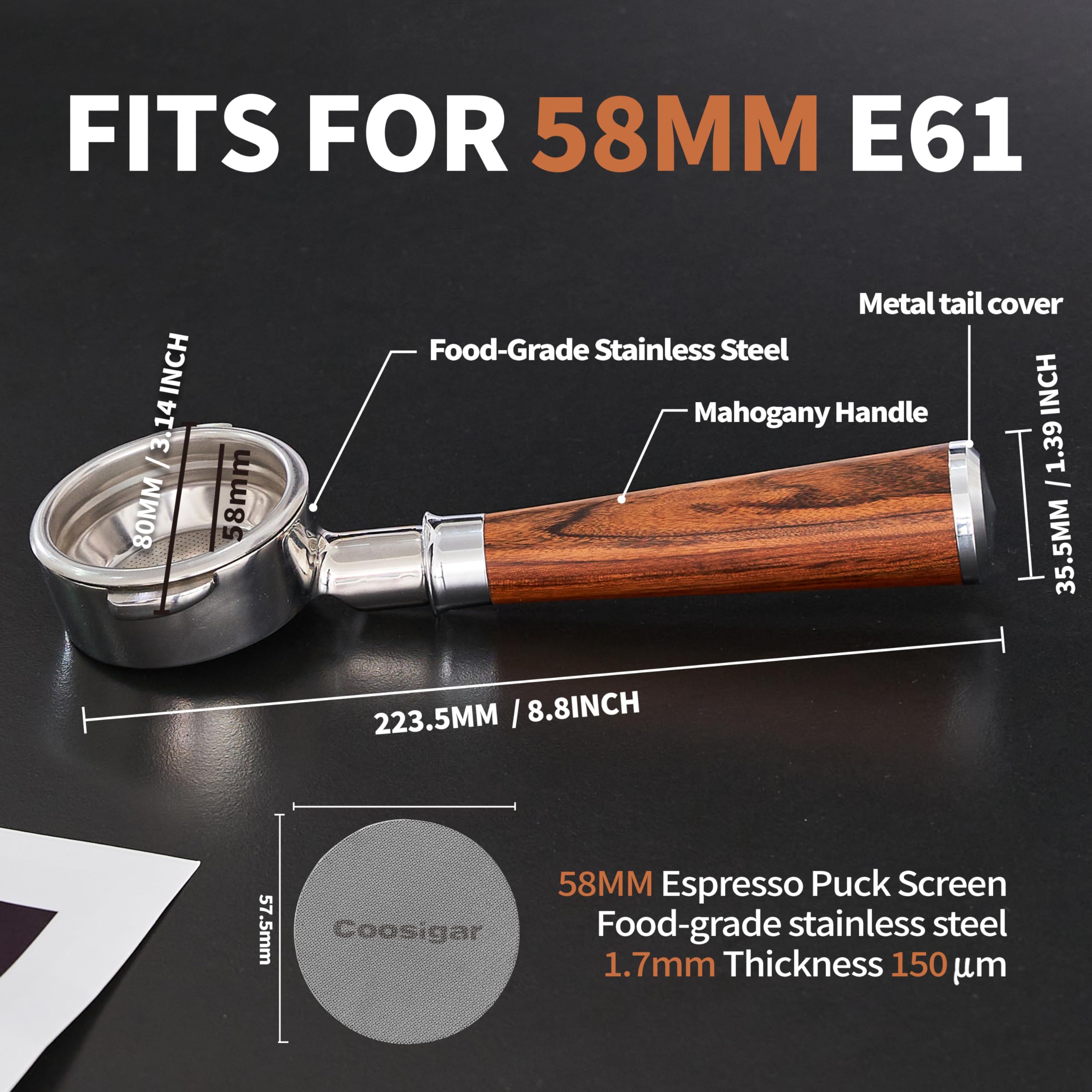 Coosigar 58mm Bottomless Portafilter | Fits for E61 Group Head 2 Ears machines| Stainless Steel portafilter and Mahogany Handle|Espresso Machine Accessories(Mahogany)