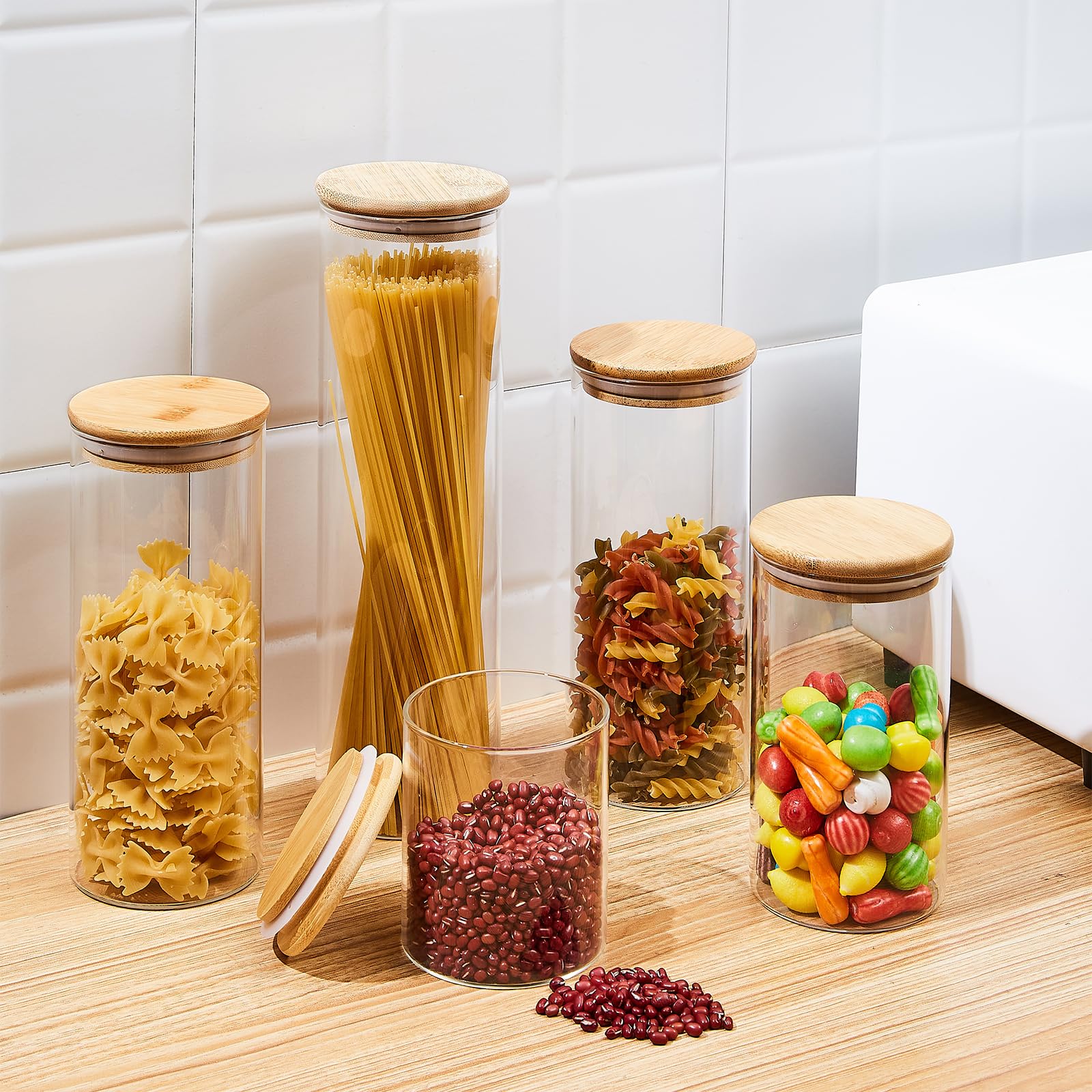 SHOWIN Glass Food Storage Jars, Glass Jars with Bamboo Lids, Kitchen Storage Jars, Canisters with Airtight Lids for Spice, Coffee, Cookie, Set of 7, Pantry Organizers