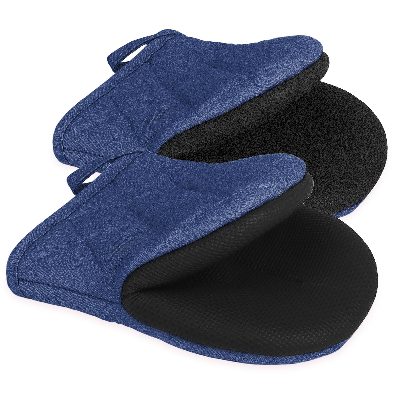 Short Oven Mitts, Heat Resistant 500°F, Silicone Grip Kitchen Gloves, Non-Slip for Baking, Grilling, BBQ, Machine Washable with Hanging Loop, 2-Pack Set, Denim Blue