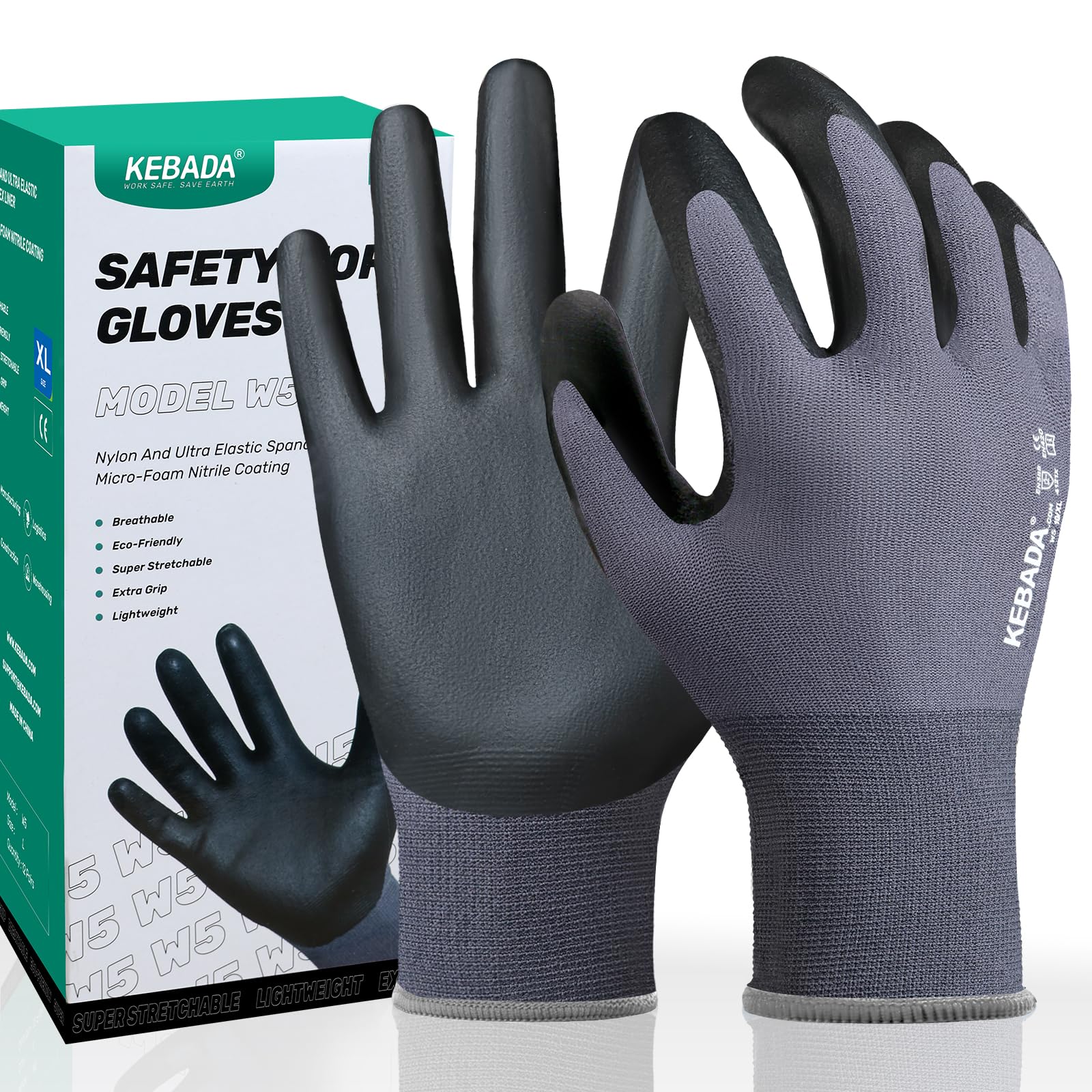 Kebada W5 Foam Nitrile Coated Work Gloves for Men & Women, 12 Pairs