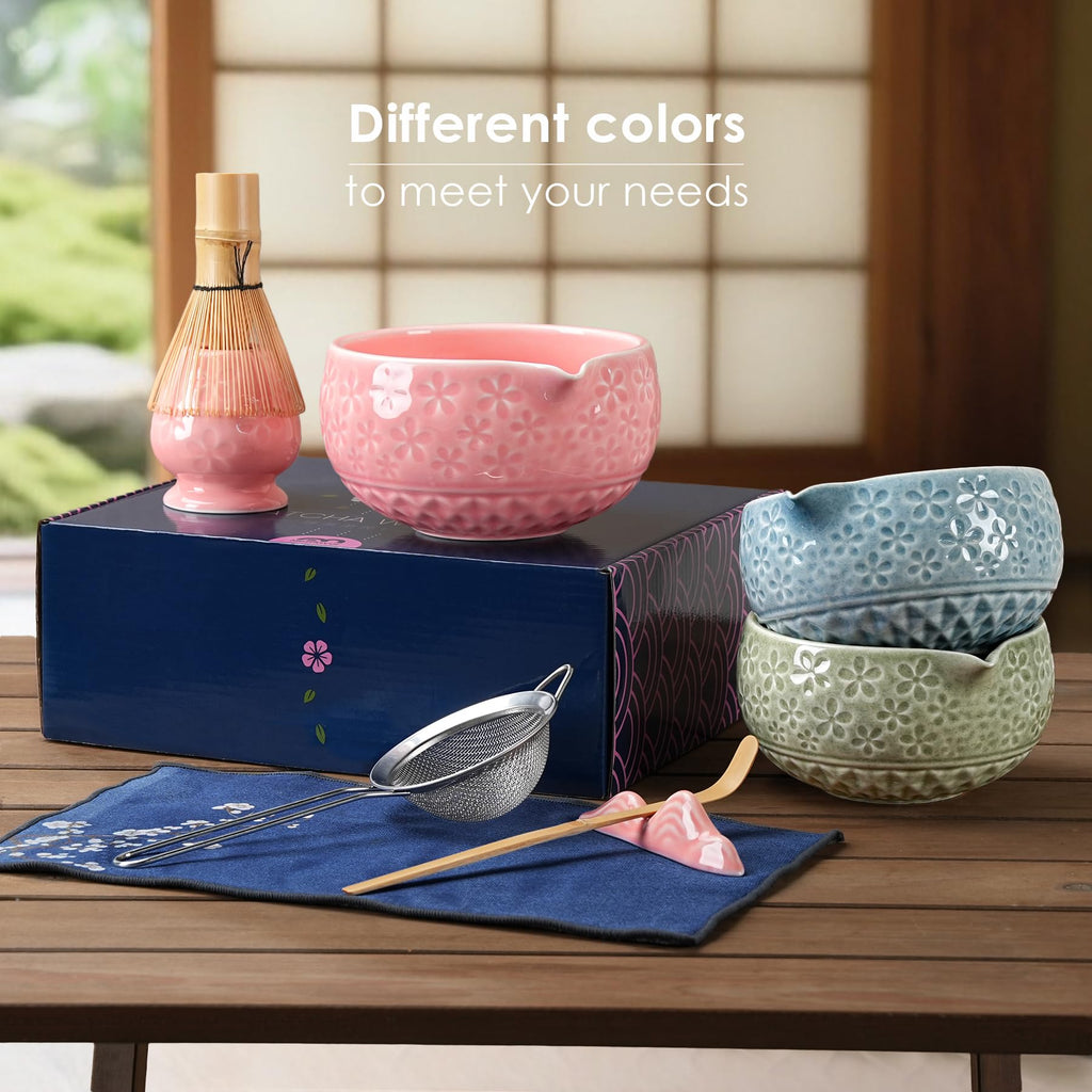 7Pcs Matcha Whisk Set, Matcha Set Whisk and Bowl,Bamboo Scoop, Scoop Rest, Sifter and Tea Towel, Matcha Kit W/Carved Cherry Blossm Pattern for Matcha Lovers (Sakura Green)