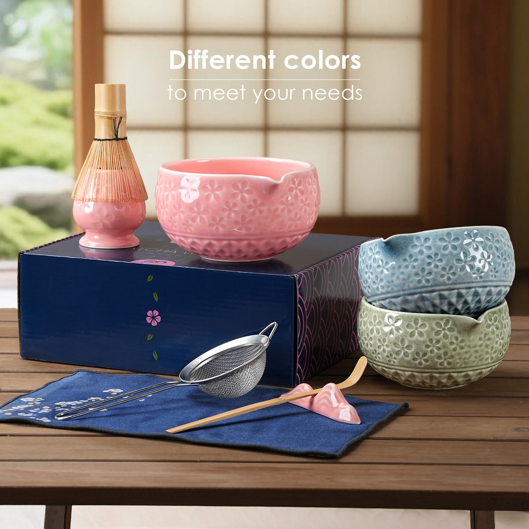 7Pcs Matcha Whisk Set, Matcha Set Whisk and Bowl,Bamboo Scoop, Scoop Rest, Sifter and Tea Towel, Matcha Kit W/Carved Cherry Blossm Pattern for Matcha Lovers (Sakura Green)