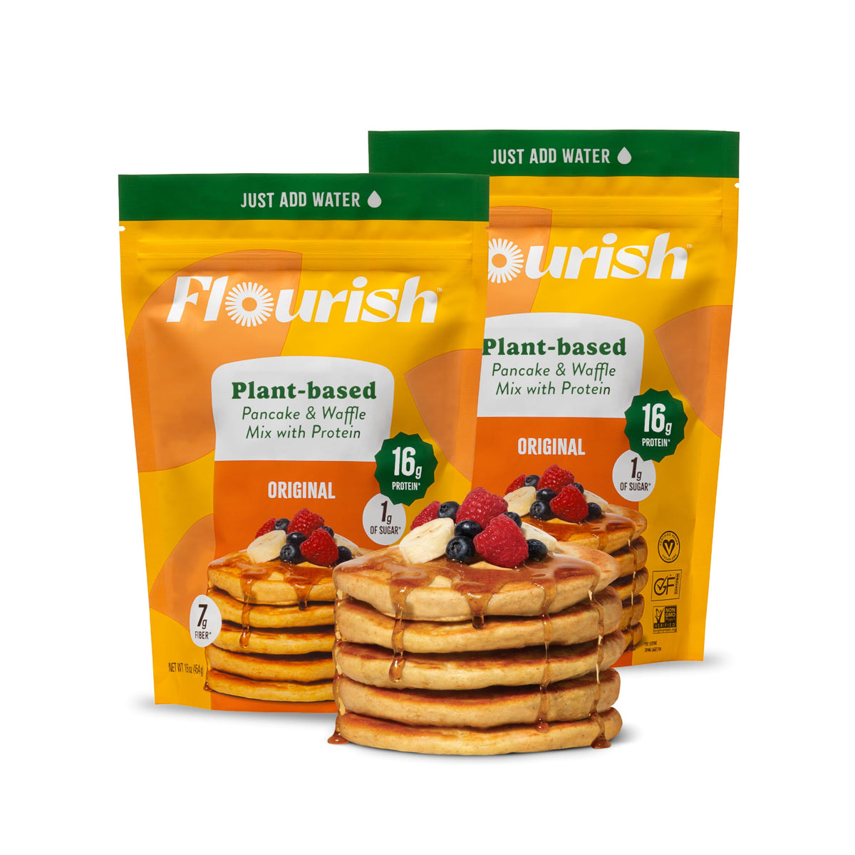Flourish Protein Pancake & Waffle Mix, with Whey Protein & Flax Seed, No Added Sugar, High in Protein & Fiber - Just Add Water - Buttermilk Flavour, 430g (3 Pack) - Made in Canada