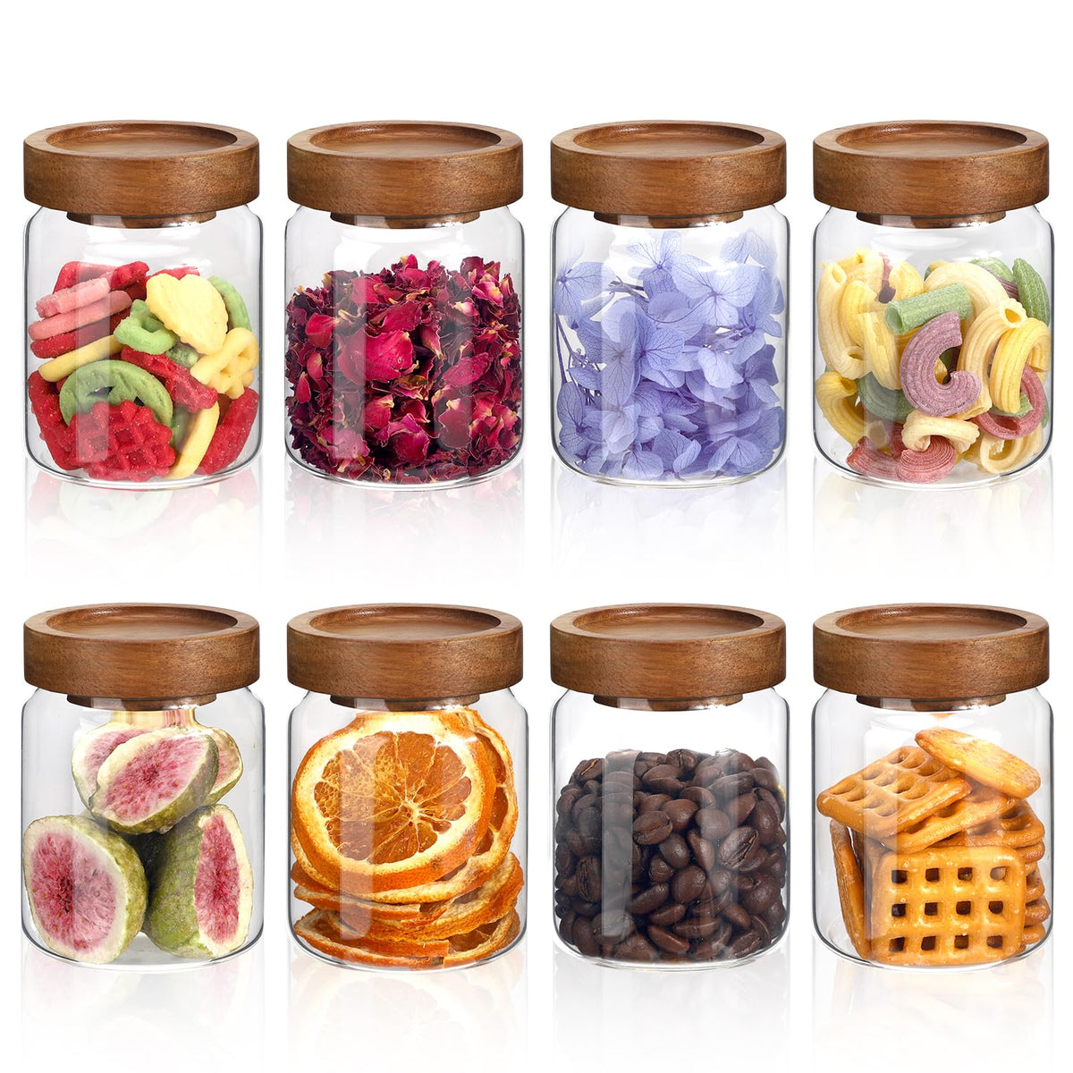 Patoper 18 oz Glass Spice Jars with Spoons Wooden Airtight Lid Sugar Coffee Ground Canister Round Glass Food Storage Container for Herb Seasoning Cookies Tea Condiment Salt (2×550ml(18oz))