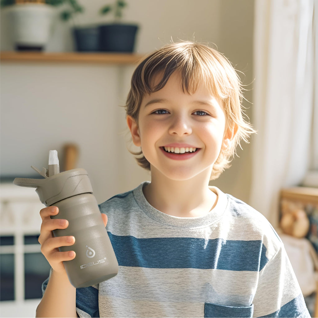 IDEUS Insulated Water Bottle 12oz, Stainless Steel Insulated Water Bottle For School, Insulated Bottles With Straws Leakproof, Vacuum Double Wall Water Bottles For Boys And Girls With 2 Lids, BPA Free