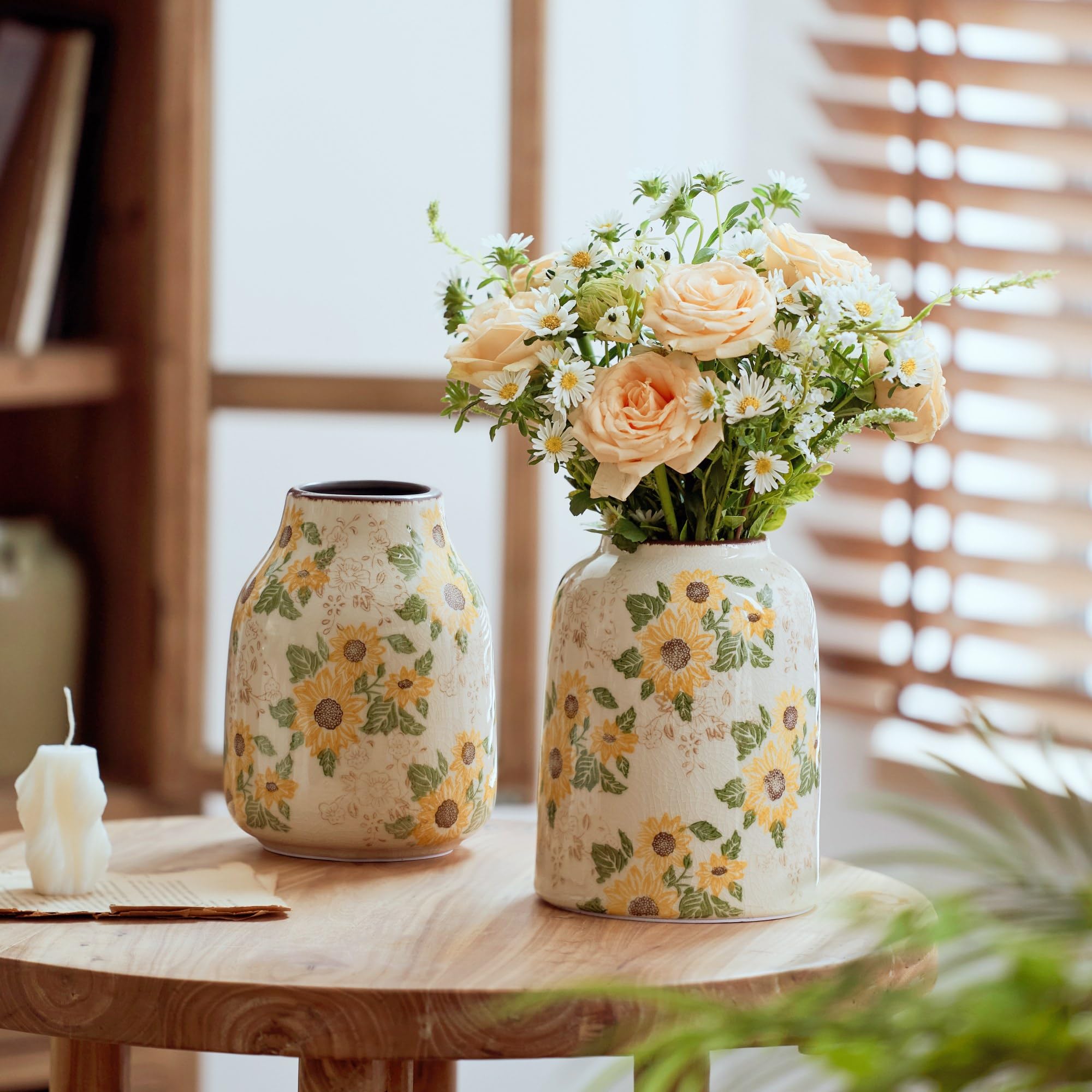Levvohd Vintage Ceramic Vase, Sunflower Pattern 7.9 Inch, Medium Cylinder