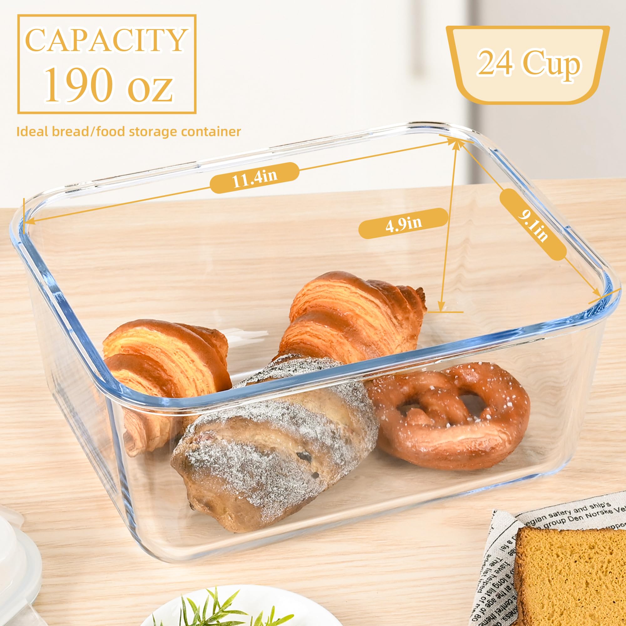 LOVYANXUE 190oz / 24Cup Extra Large Glass Storage Containers with Lids, Glass Bread Box Airtight Bread Container, Ideal Food Storage Containers, Roasting Turkey/Chicken/Cookie, Oven&Dishwasher Safe
