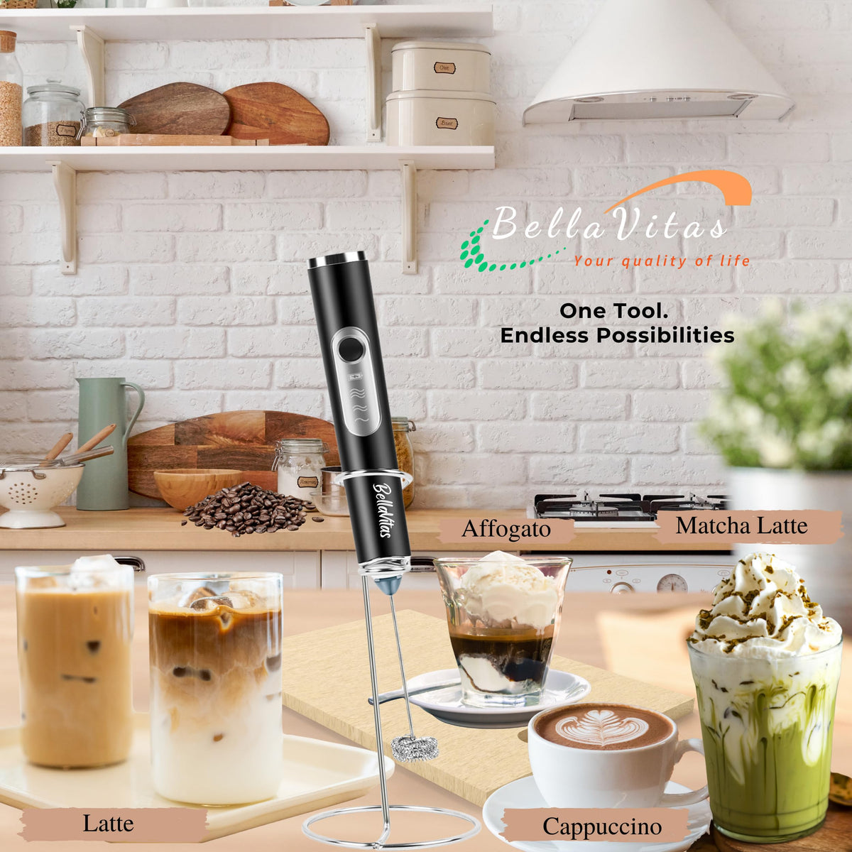 BellaVitas Milk Frother Handheld Rechargeable 3-Speed Electric Frother Wand Whisk Foam Maker Drink Mixer with Stand, 2 Whisks, Spice Shaker, Art Stencils, Art Pen for Coffee Latte, Cappuccino, Black