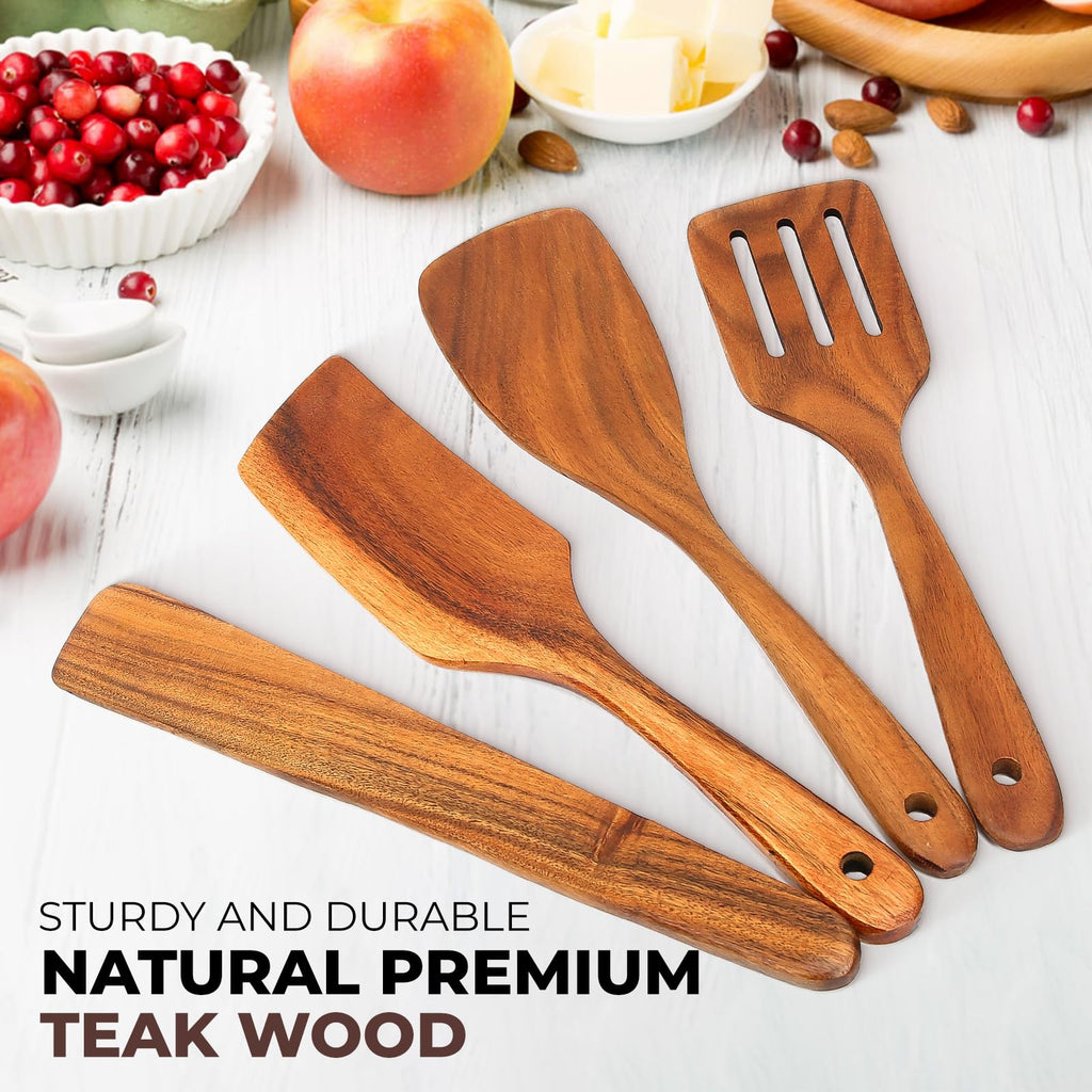 AIUHI Premium Teak Wood Spatula Set, 4-Piece Non-Stick Cooking Utensils for Kitchen, Includes Paddle, Turner, Slotted Spatula & Wood Scraper – Durable & Easy to Clean