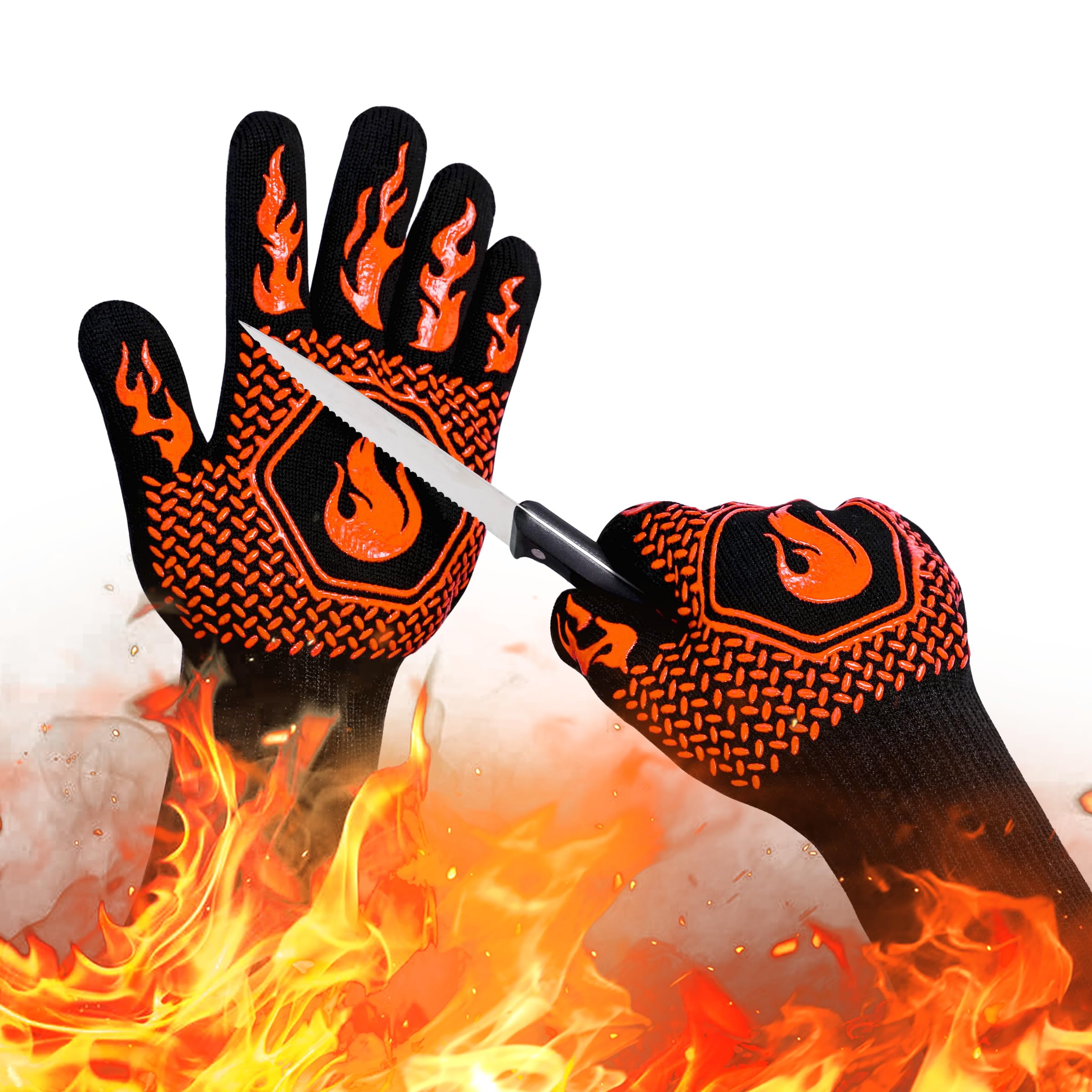 BBQ Fireproof Gloves, Grill Cut-Resistant Gloves 1472°F Heat Resistant Gloves, Non-Slip Silicone Oven Gloves, Kitchen Safe Cooking Gloves for Oven Mitts,Barbecue,Cooking, Frying,13.5 Inch-Orange