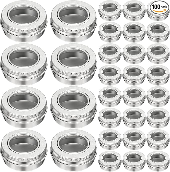 Zubebe 100 Pcs Aluminum Tin Jar Refillable Containers Clear Top Screw Lid Round Tin Container Bottle for Cosmetic, Cream, Diamond Painting, Salves, Balms, Lip Balm, Spices or Others, Silver (1 oz)