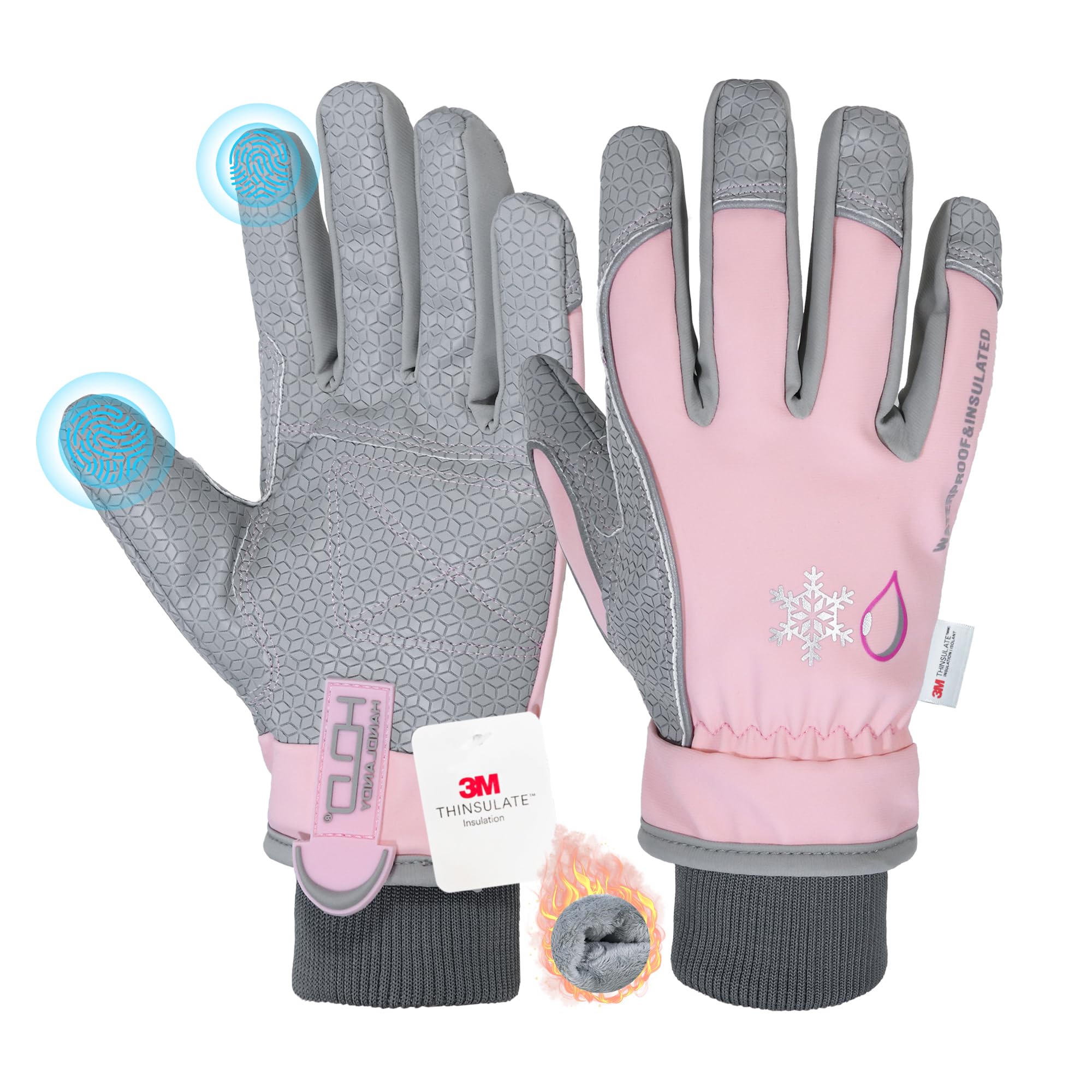 HANDLANDY Winter Insulated Work Gloves, 3M Thinsulate Thermal Water-Resistant Gloves for Men Women Touch Screen, Warm Ski Snowboard Cold Weather Gloves (Pink Grey, Small)
