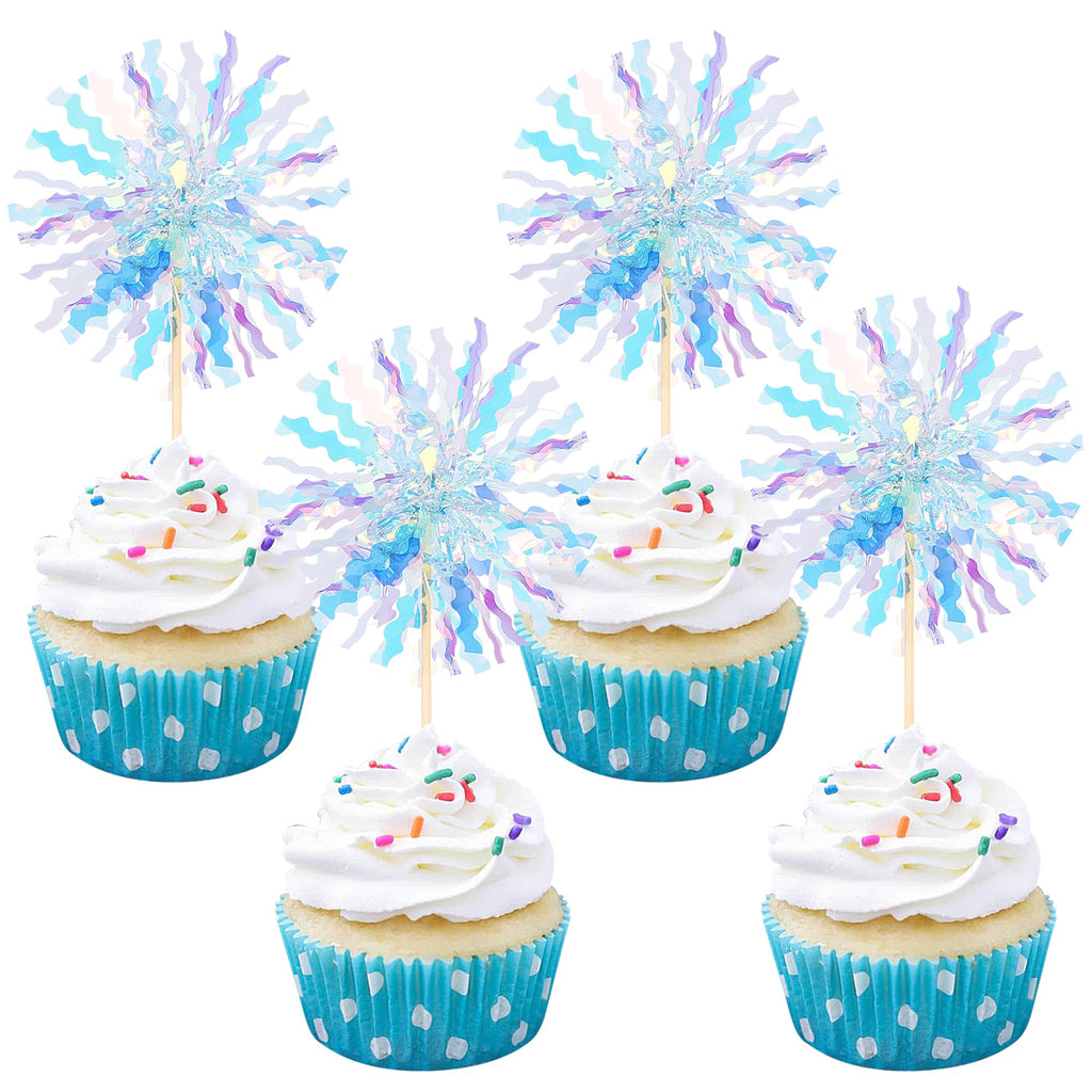 40 PCS Foil Firework Cupcake Toppers Sparkle Tinsel Cupcake Picks Fireworks Birthday Party Decorations Cocktail Fruit Toothpick for Birthday Wedding Graduation Party Decorations Supplies Black Purple