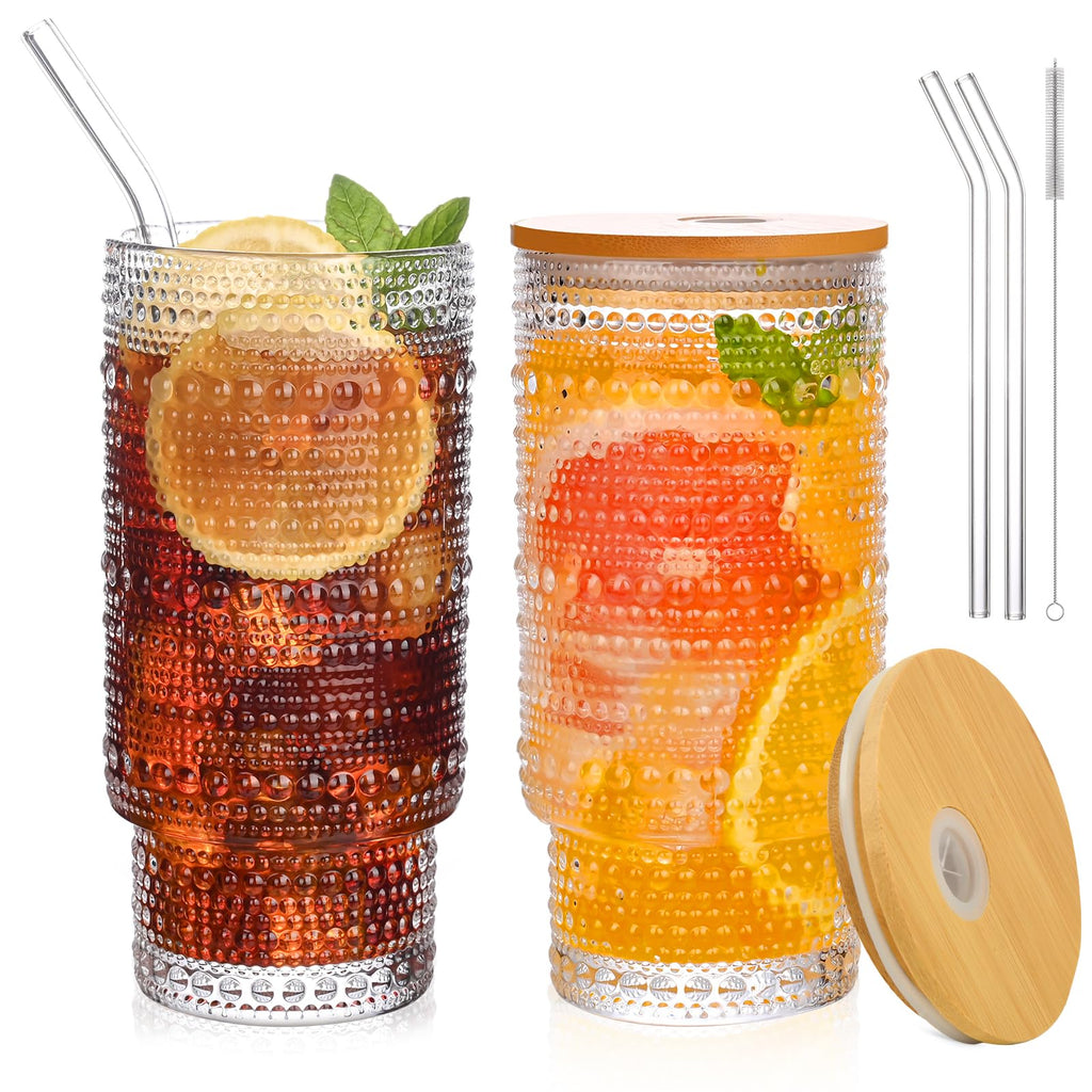 AFINSEA 16OZ Glass Tumbler with Straw and Lid,Glass Cups with Lids and Straws,Ribbed Iced Coffee Cups Vintage Embossed Glassware for Juice Whiskey Cocktail Beer(2Pack)
