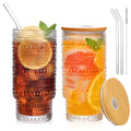 AFINSEA 16OZ Glass Tumbler with Straw and Lid,Glass Cups with Lids and Straws,Ribbed Iced Coffee Cups Vintage Embossed Glassware for Juice Whiskey Cocktail Beer(2Pack)