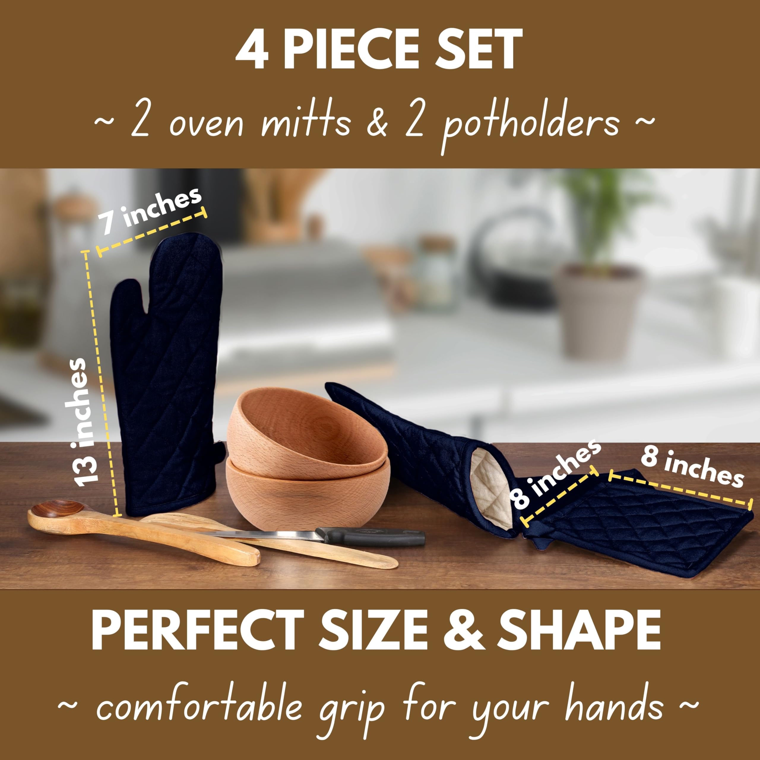 Native Fab 4 Piece Set - 2 Oven Mitts & 2 Potholders, Heat Resistant, 100% Cotton, Quilted Design, Non-Slip Grip, Machine Washable, Ideal for Baking, Cooking, BBQ, Kitchen Protection - Navy Blue