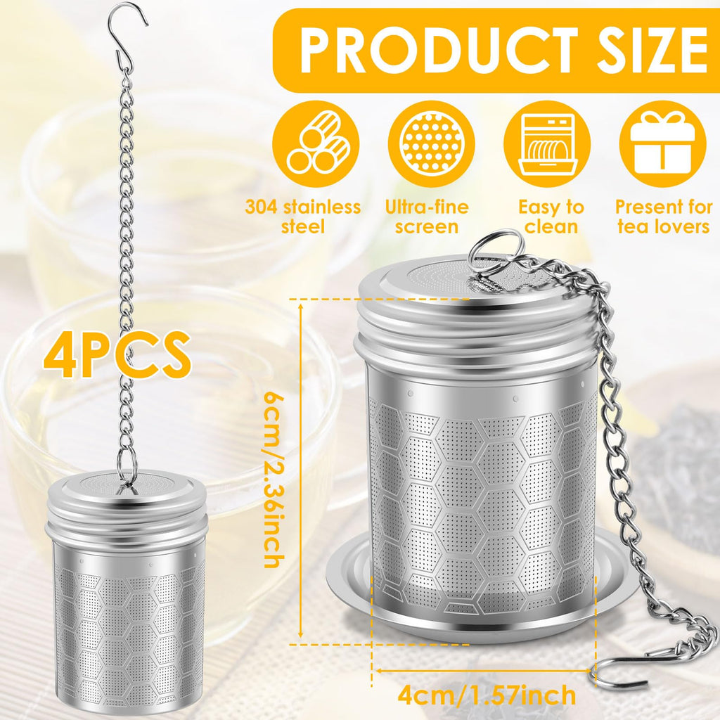 4 Pack Tea Infuser for Loose Leaf Tea, Extra Fine Mesh 304 Stainless Steel Tea Strainers with Drip Tray and Chain Hook, Reusable Tea Ball Steeper for Mug Teapot, Spice Diffuser