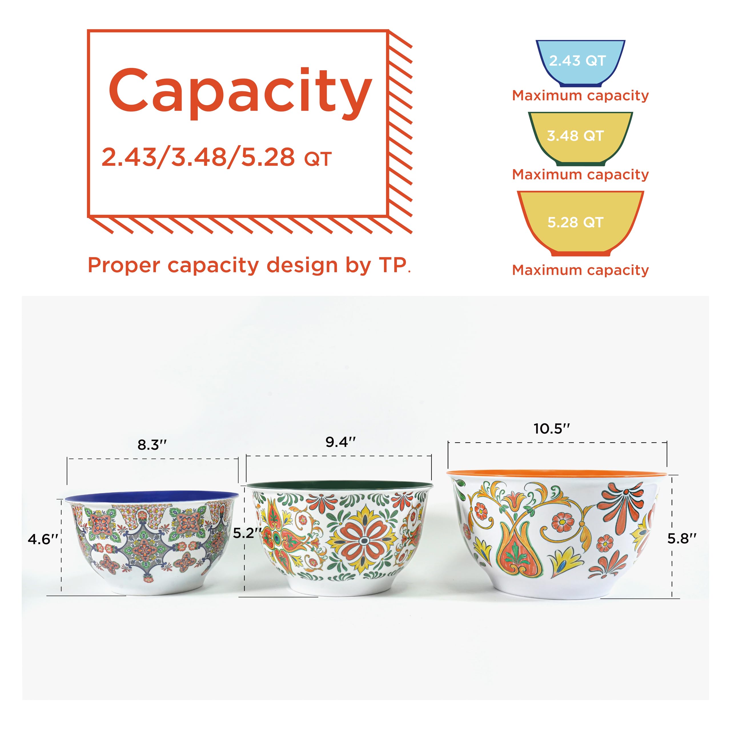 TP Large Mixing Bowl Set with Lids, Melamine Nesting Bowls Set for Pasta Baking Salad Mixing, Set of 3, Aztec Bloom