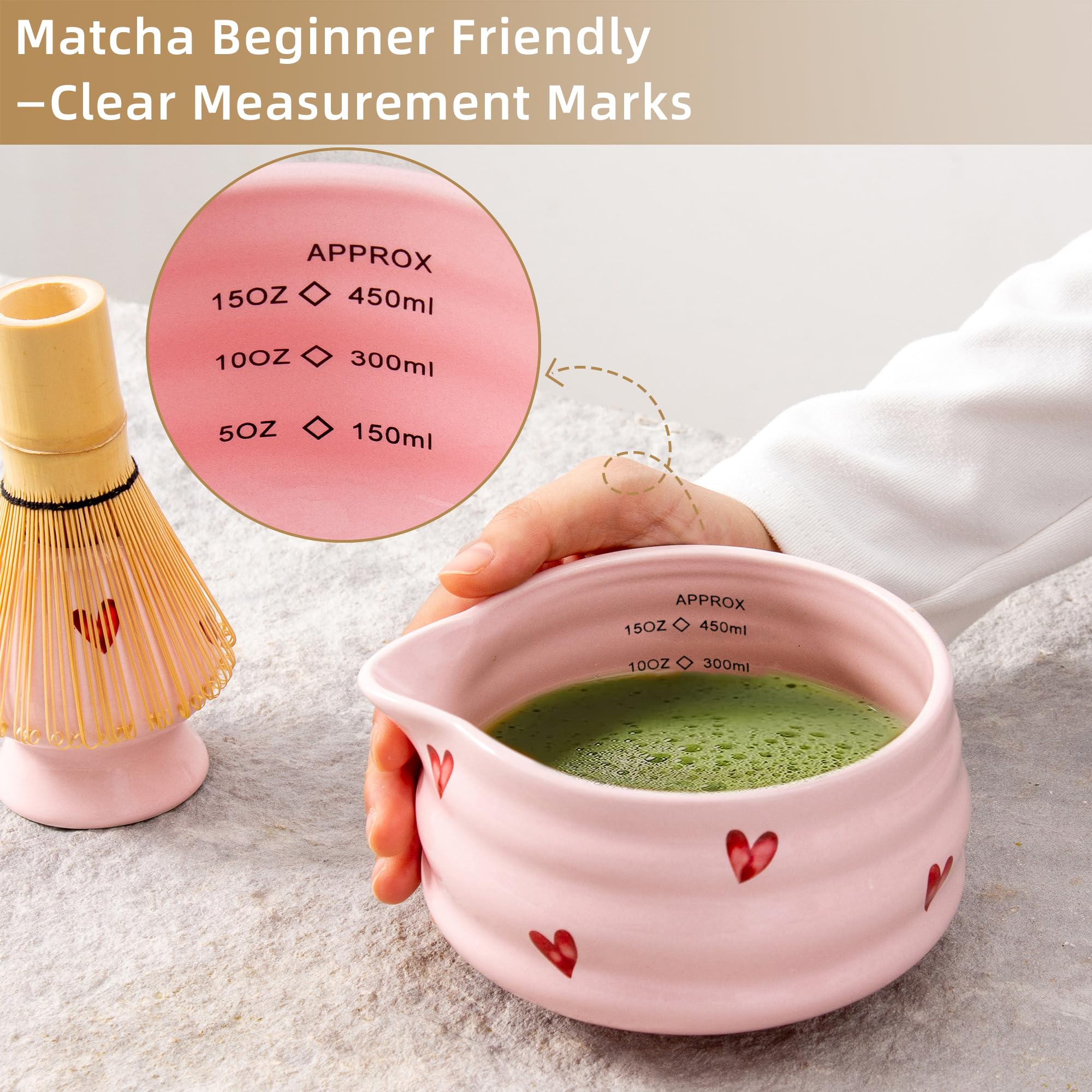 YumiPLUS 2pcs Matcha Bowl with Whisk Holder, Ceramic Pink Matcha Bowl with Spout, 16.5OZ Porcelain Bowl with Measurement Marks, Tea Mixing Bowl with Whisk Stand, Cute Valentine Gift (pink love)