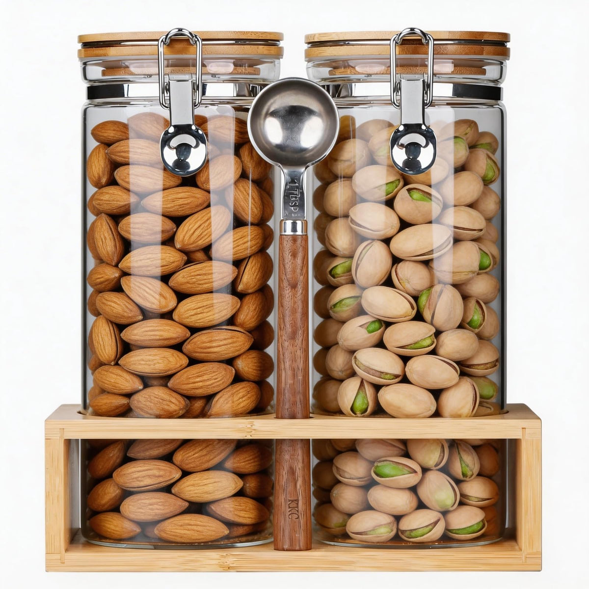 KKC Airtight Glass Nut Storage Jar with Spoon (50 oz / 1.5L) – Large Food Canister with Bamboo Lid for Nuts, Walnuts, Cashews, Almonds – Keeps Snacks Crunchy – Pantry Organization Container