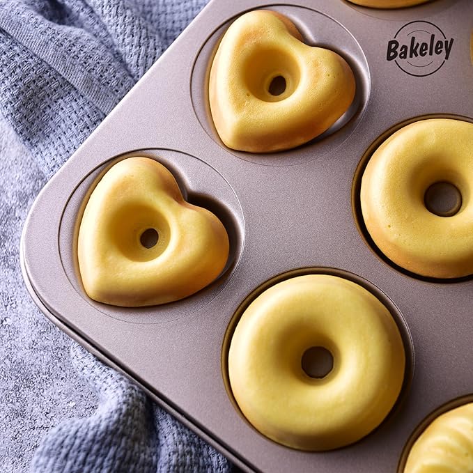 Donut Mold Cake Pan, 12-Cavity Non-Stick Ring Doughnut Bakeware for Oven Baking (Champagne Gold)