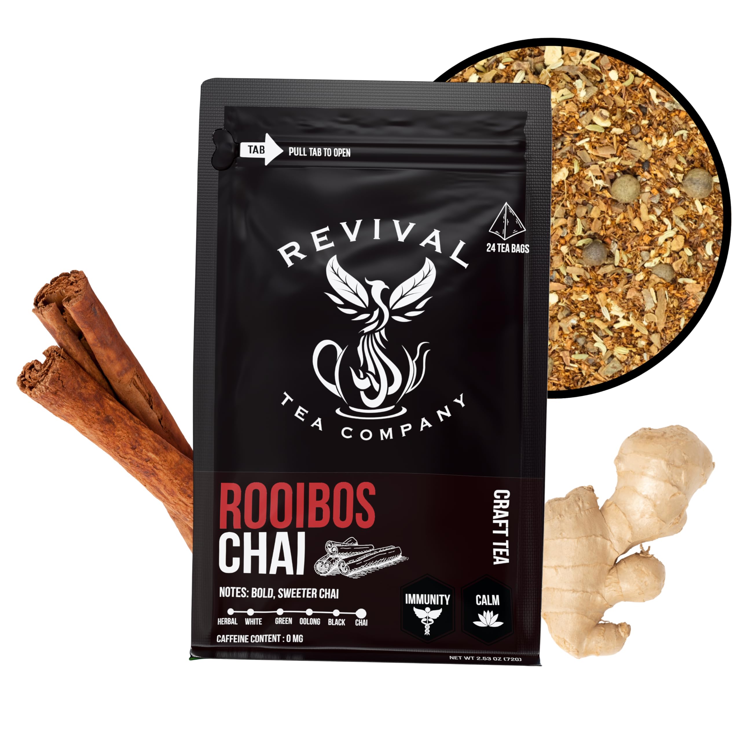 Revival Tea Company Rooibos Chai Tea - Rooibos Red Tea Blend with Fresh Spiced Chai Flavor - Caffeine Free - 24 Tea Bags