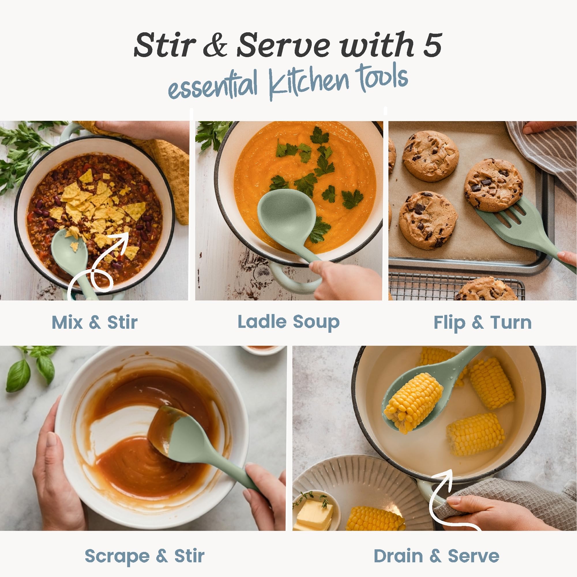 Starpack Stir and Serve Silicone Cooking Utensils Set (5-Piece, 11") - LFGB Non Toxic, 600°F Heat Resistant, BPA-Free - One-Piece Seamless, Dishwasher Safe - for Nonstick Cookware, Sage Green