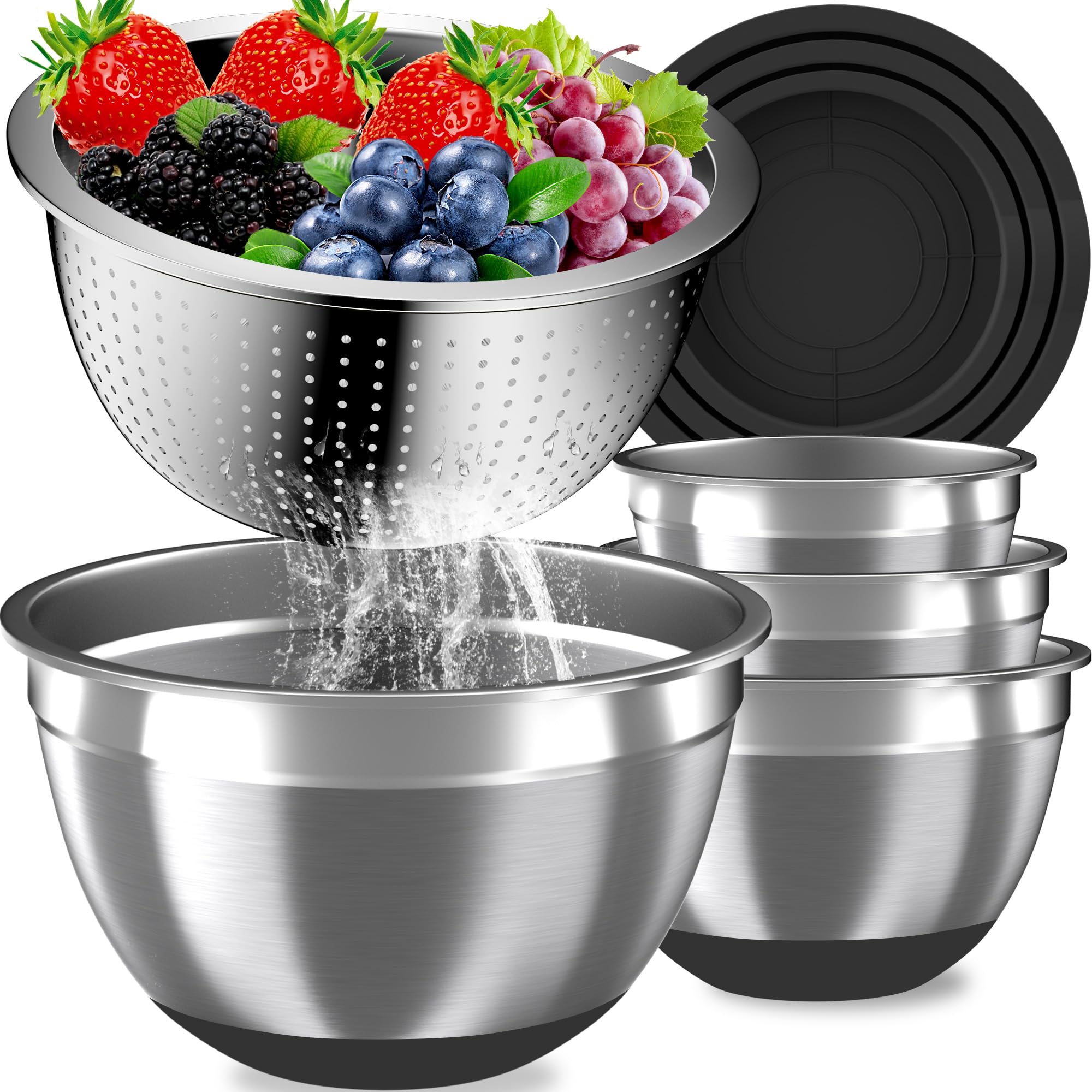 Mixing Bowls with Airtight Lids Set, 4 Stainless Steel Bowls Nesting Bowls & Colander, Kitchen Organizers and Storage Non-Slip Bottom, Size 1.5/2.0/2.5/4.5QT, Great for Mixing & Serving, Black