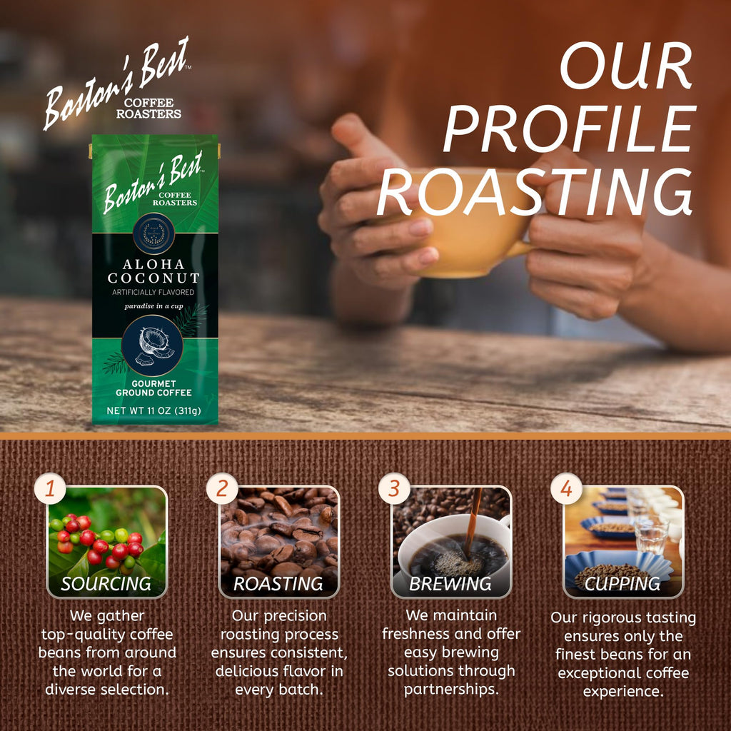 Boston’s Best Coffee - Aloha Coconut Flavored Delicious Gourmet Premium Ground Coffee, 11 oz. / 311 g Bag
