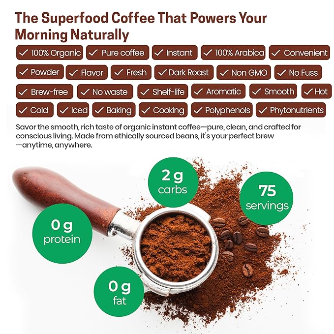 Z Natural Foods Organic Instant Coffee Powder - Rich Dark Roast Flavor, Arabica Instant Espresso Powder with Antioxidants to Boost Energy, Mood & Focus - Gourmet Coffee in Resealable Bag, 8 oz