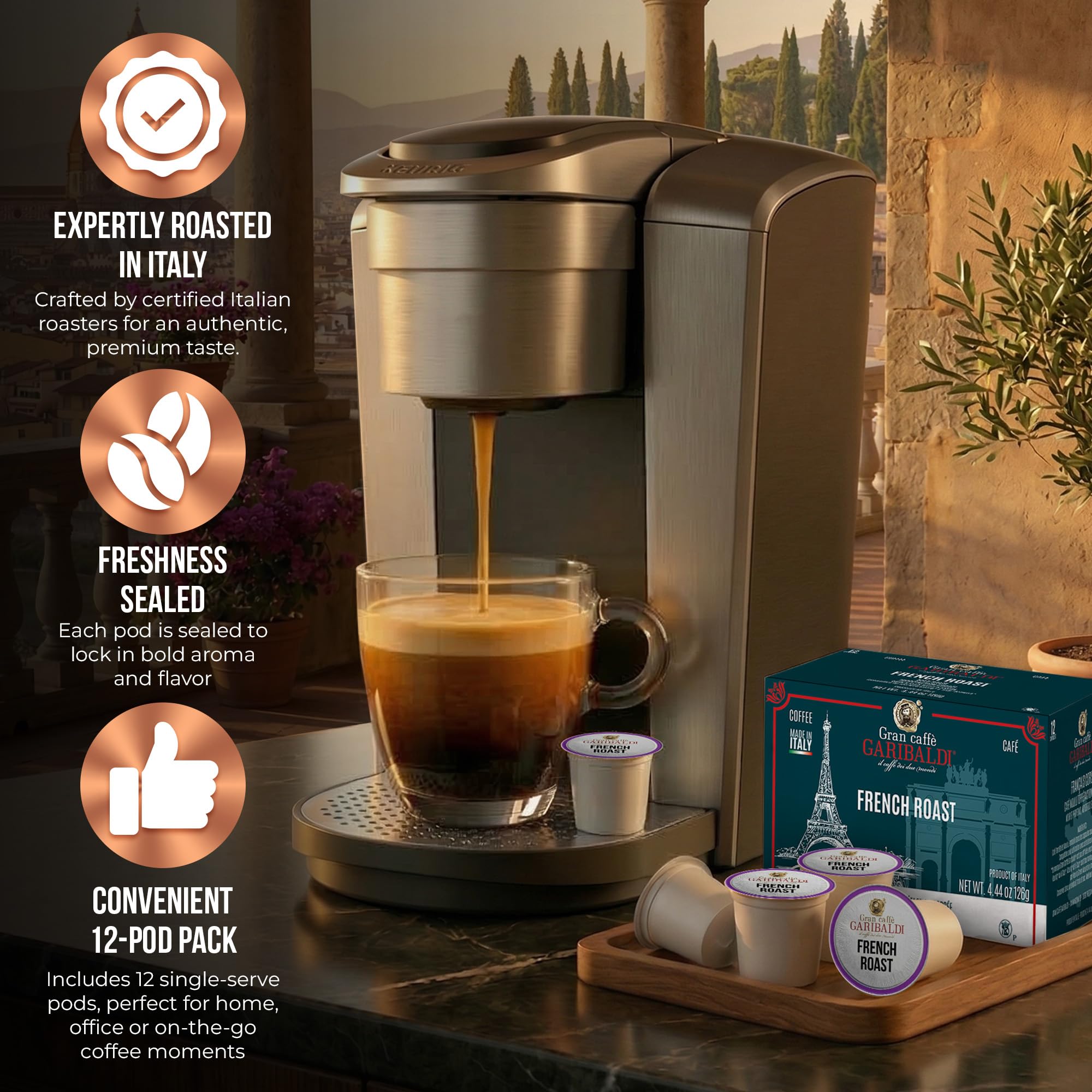 Caffè Garibaldi French Roast Coffee Pods, Dark Roast, 12 Count K Cups