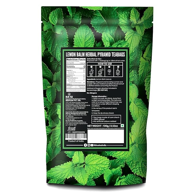 BLUE TEA - Lemon Balm Tea - 100 Count - Plant Based Tea Bag | RELIEVES STRESS - IMPROVES DIGESTION | Reduces Bloating | Refreshing Citrus Flavour - Leaf Based - Caffeine Free | Ziplock Pouch