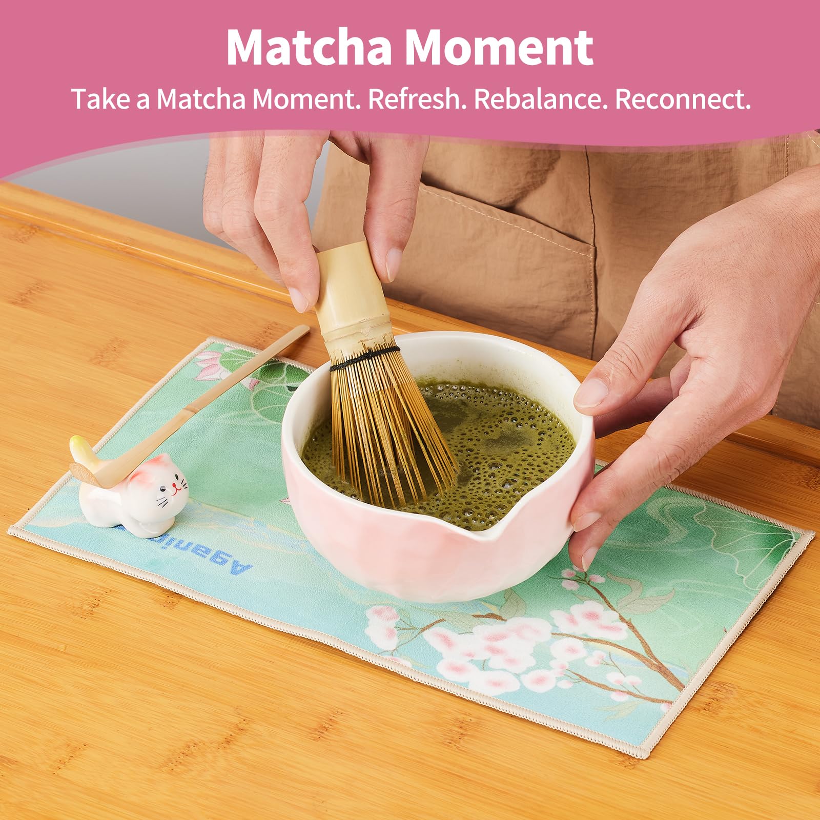 7 Pcs Matcha Whisk Set, Matcha Set Pink,Matcha Kit,Matcha Tea Set,Matcha Bowl Set with Pink Cat Scoop Holder, Tea Cloth, Sifter(Gradient Pink)